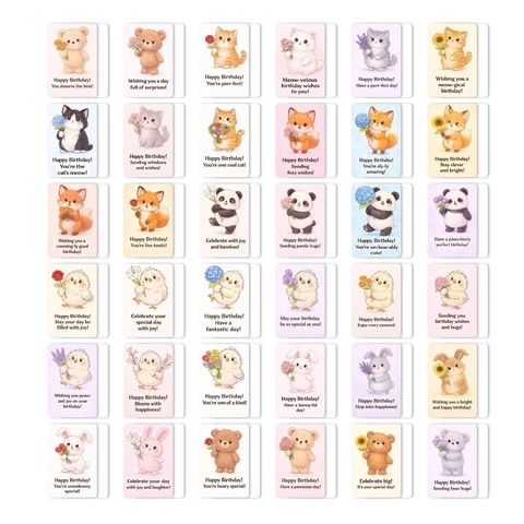 Simpatici Biglietti d'Auguri di Compleanno Animali Acquerello Stile Disegnato a Mano Cartone Animato Assortiti per Bambini Amici Festa di Compleanno