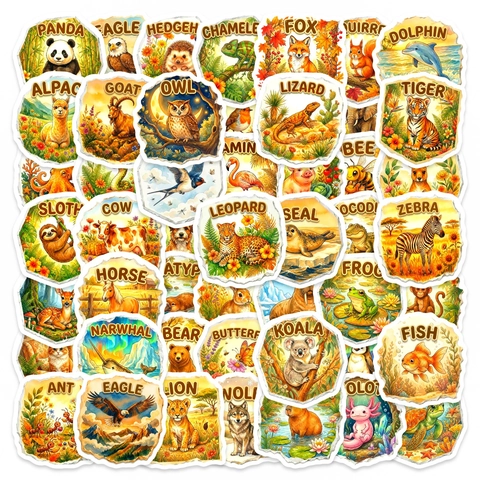 Autocollants Imperméables Thème Animaux Illustration Peinte à la Main Noms Animaux Anglais Stickers pour Enfants Scrapbook Laptop