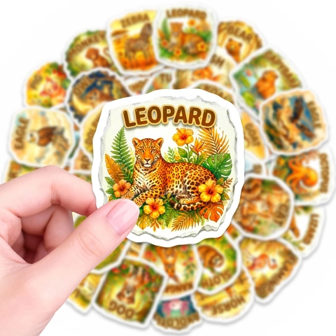 Autocollants Imperméables Thème Animaux Illustration Peinte à la Main Noms Animaux Anglais Stickers pour Enfants Scrapbook Laptop