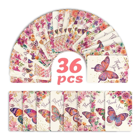 Biglietti di Ringraziamento con Farfalle e Fiori Design Acquerello per Piccole Imprese Confezioni Regalo Matrimonio Festa Note Gratitudine