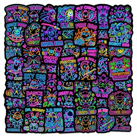 Neon Animal Stickers Waterproof PVC Decals Cartoon Rabbit Chick Egg Pattern For DIY Notebook Luggage Laptop Decoration