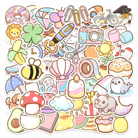 Kawaii Cartoon Stickers Waterproof INS Style Animal Food Decorative Decals For Laptop Journaling Scrapbooking DIY Stationery