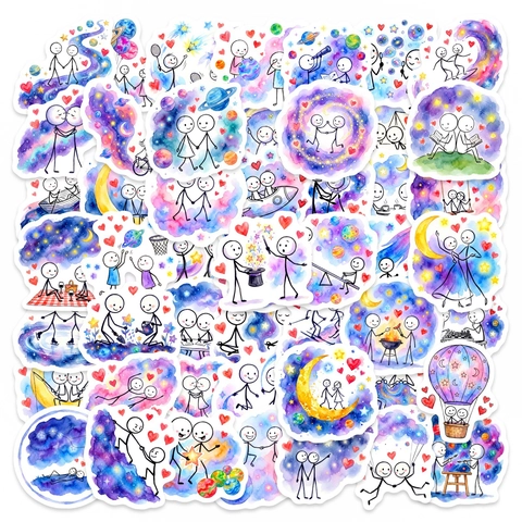 Aquarelle Ciel Étoilé Bonhomme Allumette Autocollants Pour Couple Imperméable PVC Romantique Décoratif DIY Décalcomanies Pour Bouteille