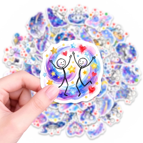 Aquarelle Ciel Étoilé Bonhomme Allumette Autocollants Pour Couple Imperméable PVC Romantique Décoratif DIY Décalcomanies Pour Bouteille