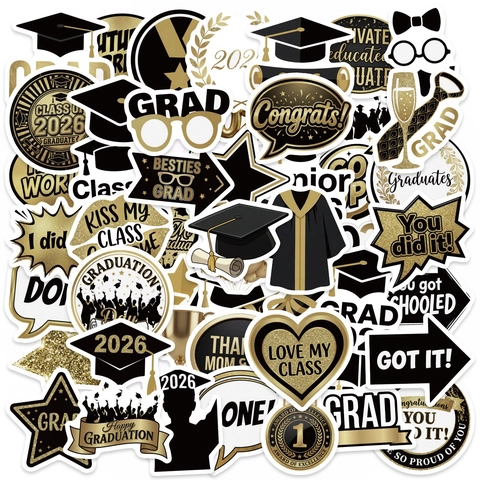 Waterproof Graduation Stickers Black Gold White Class Of 2026 Grad Decals For Laptop Journal Scrapbooking Party Decor