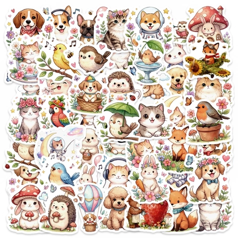 Cute Cartoon Animal Stickers Waterproof PVC Decorative Decals For Laptop Water Bottle Tablet Scrapbooking Watercolor Illustration