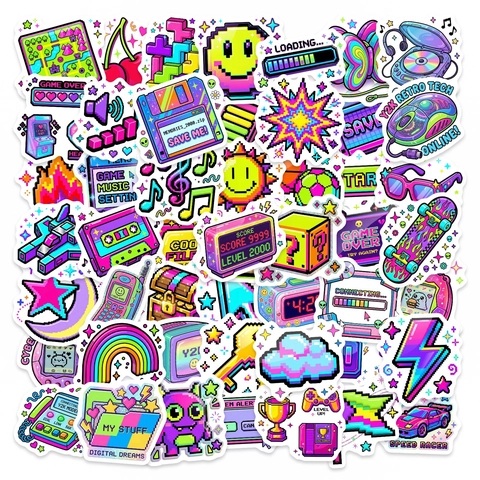 Autocollants Art Pixel Jeu Vidéo Rétro Y2K Néon Autocollants Décoratifs Imperméables Pour Ordinateur Portable Gourde Scrapbooking