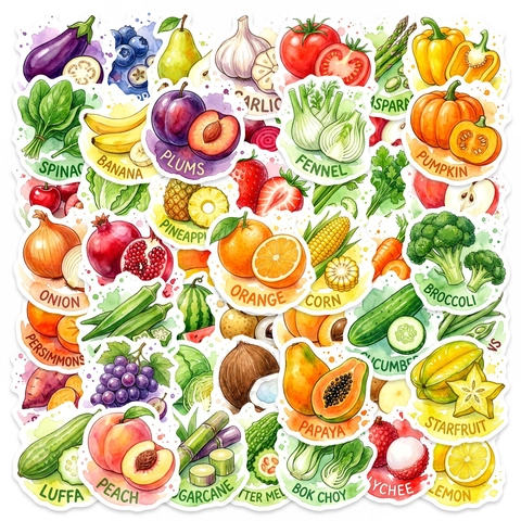 Aquarell Obst Gemüse Aufkleber Für Wasserflaschen Laptop Gepäck Scrapbooking PVC Wasserdichte Aufkleber Botanische Kunst Sortiert Geschenk