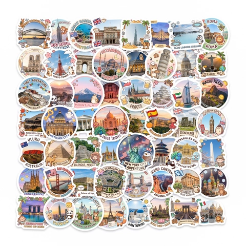 Cartoon World Landmark Travel Stickers Waterproof Decorative Decals For Suitcase Laptop Notebook Journal Scrapbook Decor