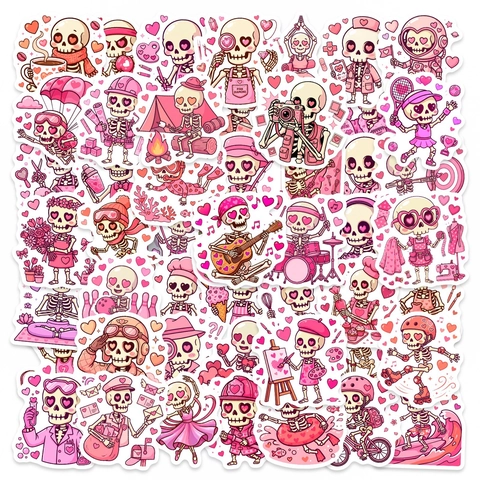 Adesivi in Vinile Impermeabili con Teschio Rosa per San Valentino Cuore Cartone Animato per Laptop Borraccia Scrapbook