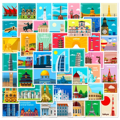 Global Landmark Architecture Stickers Waterproof Vinyl Decorative Labels For Travel Diary Luggage Laptop Phone Case Scrapbooking Decor Stationery Stickers