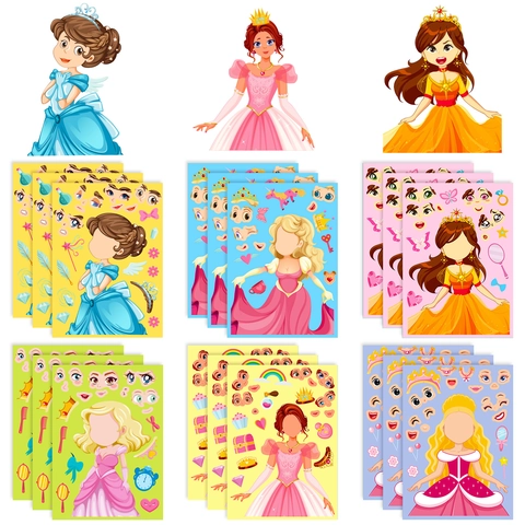 Hojas de Pegatinas de Princesa para Hacer Caras para Niños Pegatinas de Vestir de Dibujos Animados Creativos Reutilizables para Niñas Regalo de Fiesta