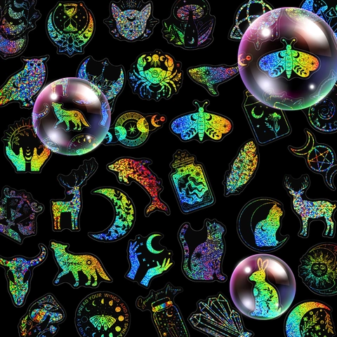 Holographic Laser Stickers Mystical Magic World Animal Moon Symbols Waterproof PET Decorative Decals For Scrapbooking Journaling DIY
