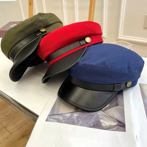 Britischer Retro Newsboy Cap Für Damen Herren Flache Mütze Marine Hut Mit PU Leder Krempe Metall Knöpfen Verstellbare Baskenmütze