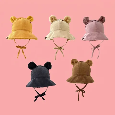 Baby Toddler Winter Warm Bucket Hat Corduroy Plush Lining Bear Ears Hat With Chin Strap For Kids Boys Girls Windproof Fisherman Cap