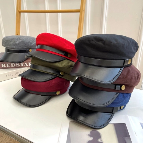 Britischer Retro Newsboy Cap Für Damen Herren Flache Mütze Marine Hut Mit PU Leder Krempe Metall Knöpfen Verstellbare Baskenmütze