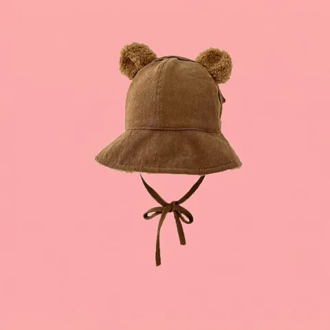 Baby Toddler Winter Warm Bucket Hat Corduroy Plush Lining Bear Ears Hat With Chin Strap For Kids Boys Girls Windproof Fisherman Cap