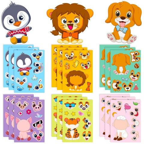 DIY Make-A-Face Animal Stickers For Kids Cartoon Penguin Lion Pig Dog Tiger Sheep DIY Puzzle Sticker Educational Toy