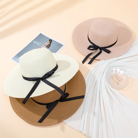 Chapeau de Paille à Large Bord pour Femmes Chapeau de Protection Solaire Élégant Avec Nœud Pliable pour la Plage Été