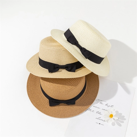 Women Classic Straw Boater Hat Flat Top Sun Hat Wide Brim Summer Beach Travel Sunshade Hat With Satin Ribbon Bow