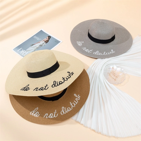 Sombrero de Paja de Ala Ancha para Mujer Plegable para Vacaciones y Playa Con Bordado Do Not Disturb y Decoración de Cinta