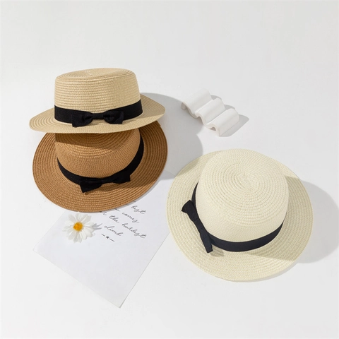 Women Classic Straw Boater Hat Flat Top Sun Hat Wide Brim Summer Beach Travel Sunshade Hat With Satin Ribbon Bow