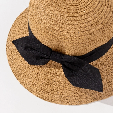 Strohhut Damen Kinder Boater Hut Flach UV-Schutz Strand Sommer Urlaub Französisch Elegant Schwarzes Band Schleife