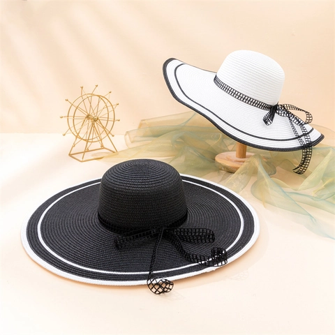 Women's Large Brim Paper Straw Sun Hat With Bow Mesh Ribbon Contrast Stripe Edge Elegant Summer Beach Vacation Shading Hat