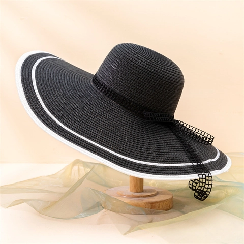 Chapeau de Paille à Large Bord pour Femmes Protection Solaire Couleur Contrastée Nœud Chapeau de Plage pour Vacances Été Élégant