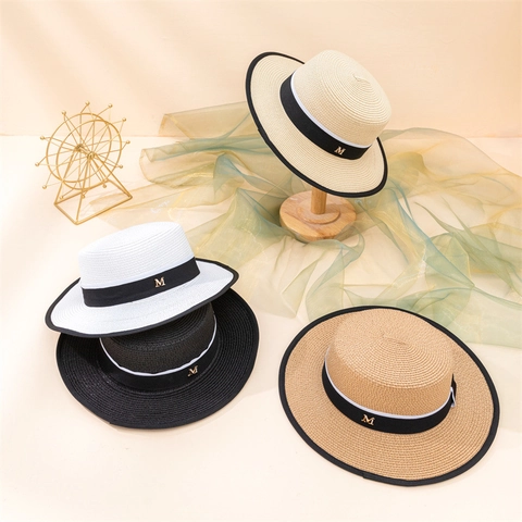 French Vintage Straw Boater Hat For Women Summer Beach Sun Protection Hat With Metal M Letter Ribbon Minimalist Flat Top Hat