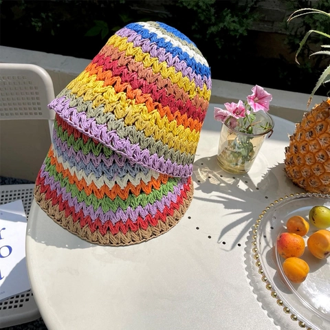 Women's Rainbow Striped Crochet Bucket Hat Handmade Paper Straw Sun Hat Summer Beach Vacation Foldable Wide Brim Woven Hat
