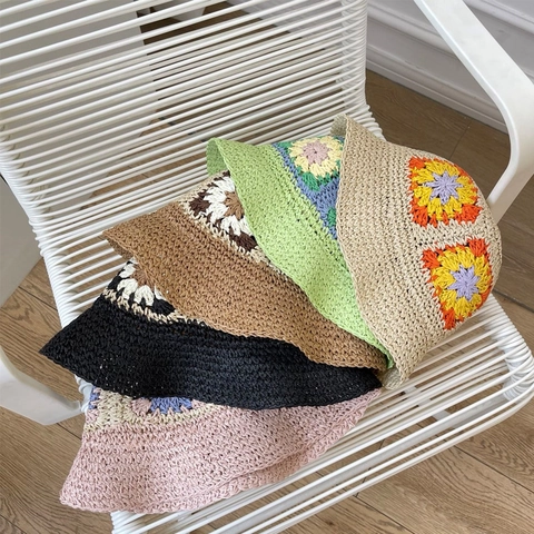 Women's Handmade Crochet Straw Bucket Hat Hollow Out Floral Sun Hat For Summer Beach Vacation Pastoral Style Foldable Hat