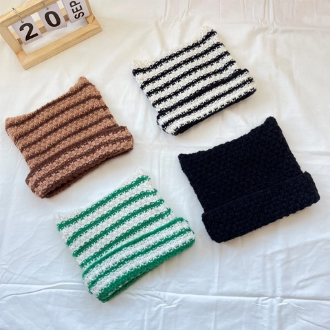 Cute Cat Ear Striped Knit Beanie Hat For Women Winter Warm Crochet Devil Ear Striped Skull Cap Soft Fashion Headwear