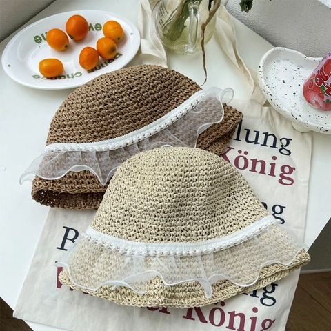 Cappello di Paglia Fatto a Mano Donna Estate Protezione Solare Traspirante Spiaggia Vacanza Pizzo Perla Cappello a Secchiello