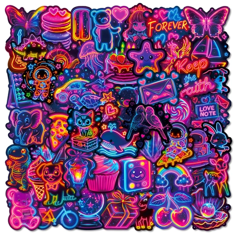 Neon Graffiti Stickers Cartoon Glow In The Dark Aesthetic PVC Decals For Water Bottle Laptop Suitcase Phone Case DIY Decoration