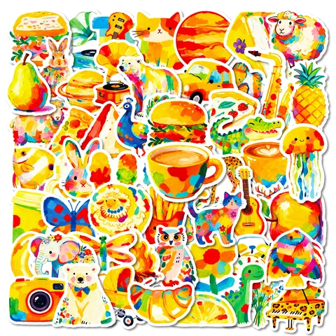Artistic Oil Painting Style Colorful Doodle Stickers For DIY Scrapbooking Laptop Decoration Cartoon Animal Food Pattern Labels