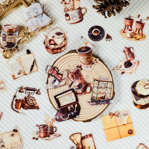 Adesivi in PET a Tema Caffè Vintage Impermeabili Adesivi per Diario Retro Decorativi DIY Scrapbooking Etichette di Cancelleria Illustrazioni Dipinte a Mano