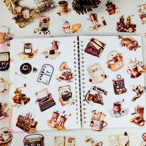 Adesivi in PET a Tema Caffè Vintage Impermeabili Adesivi per Diario Retro Decorativi DIY Scrapbooking Etichette di Cancelleria Illustrazioni Dipinte a Mano