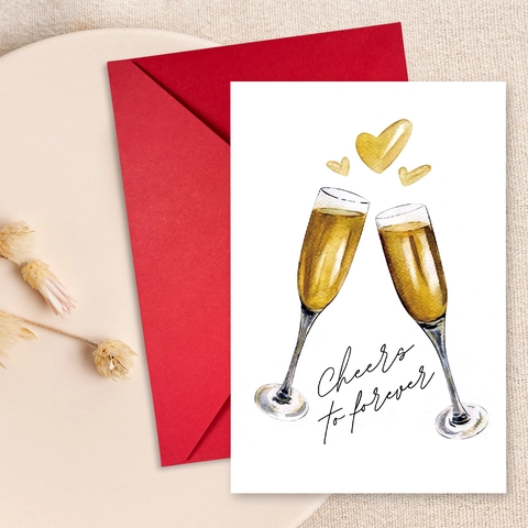 Cheers To Forever Wedding Greeting Card With Red Envelope Watercolor Champagne Hearts Romantic Anniversary Card For Couples
