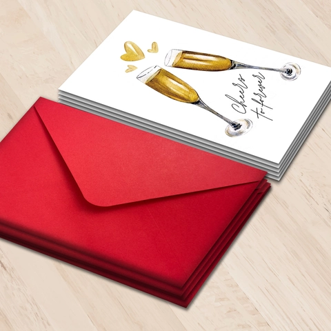 Cheers To Forever Wedding Greeting Card With Red Envelope Watercolor Champagne Hearts Romantic Anniversary Card For Couples