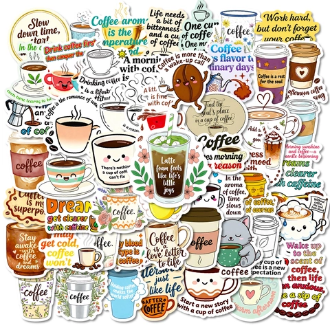 Adesivi per Laptop in PVC Impermeabile Tema Caffè Cartone Animato per Bagaglio Scrapbook Tazza di Caffè Graffiti