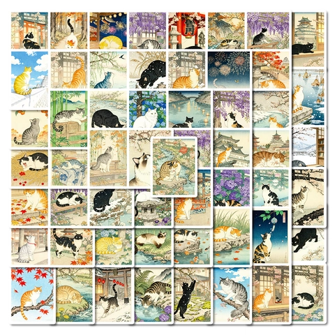 Ukiyo-e Style Cat Stickers Japanese Vintage Artistic Decorative Decals For Scrapbooking Journal Laptop Luggage Stationary Paper Stickers