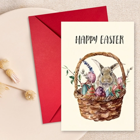 Aquarell Ostern Grußkarten Set Mit Rotem Umschlag Hase Blume Ei Muster Festliche Feiertag Segen Geschenkkarte 300GSM Papier