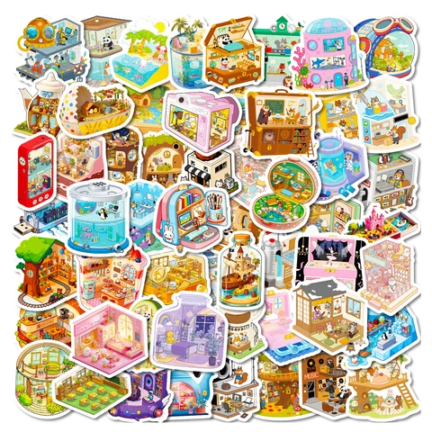 Miniature Room Scene Stickers Waterproof PVC Cartoon Animal Decorative Decals Collection For Journaling Scrapbooking DIY Art Supplies Multiple Patterns