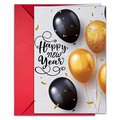 Happy New Year Greeting Card And Red Envelope Black Gold Balloon Heart Fireworks Design Modern Festive Blessing Card For Holiday Party Gifts