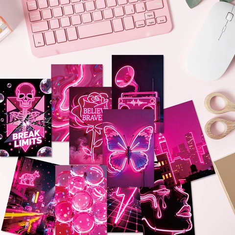 Pink Neon Aesthetic Wall Decor Collage Kit Cyberpunk Style Postcards Motivational Quotes Butterfly Skull Room Decor Set