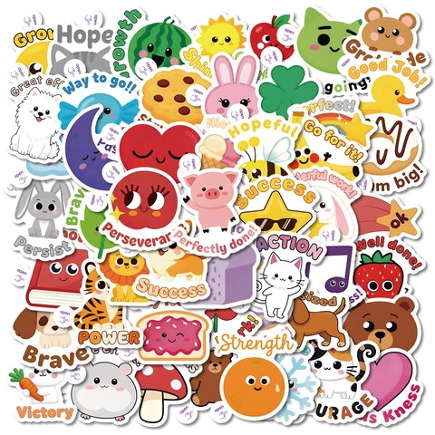 Lot d'Autocollants de Récompense Multicolores Animaux et Nourriture pour Enfants Étudiants Citations Positives Anglais Imperméable DIY