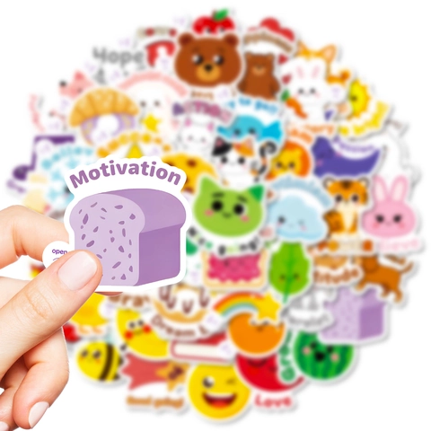 Lot d'Autocollants de Récompense Multicolores Animaux et Nourriture pour Enfants Étudiants Citations Positives Anglais Imperméable DIY