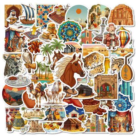 Middle Eastern Arabic Style Stickers PVC Waterproof Cartoon Desert Camel Mosque Food Aesthetic Decals For Laptop Suitcase