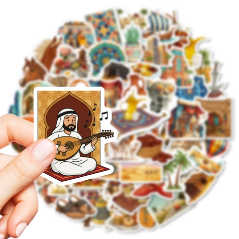 Middle Eastern Arabic Style Stickers PVC Waterproof Cartoon Desert Camel Mosque Food Aesthetic Decals For Laptop Suitcase